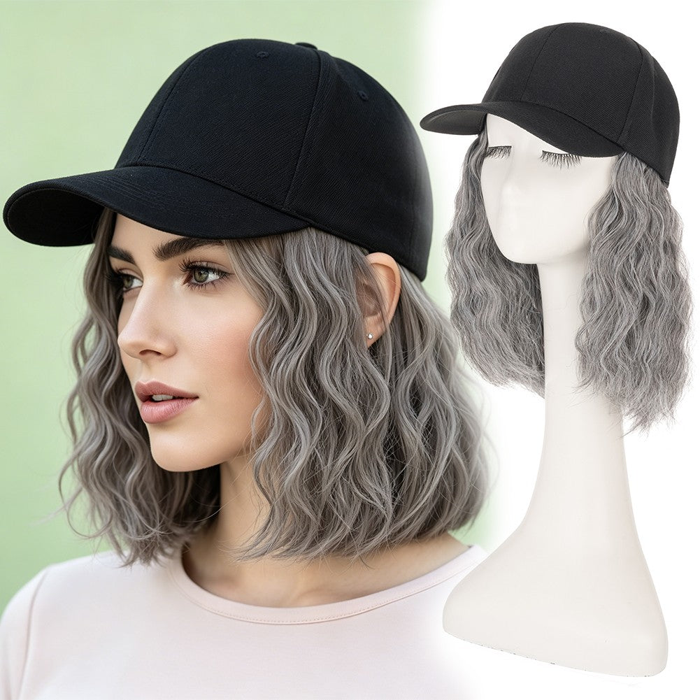16-Inch Long Curly Cap Wig with Adjustable Baseball Hat and Attached Hair