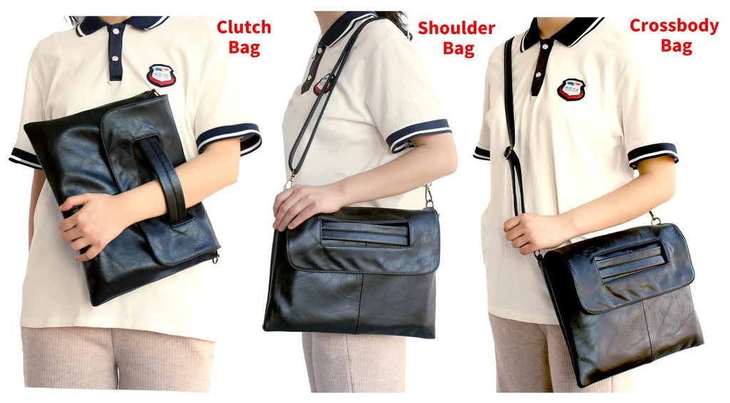 Large Black 3-in-1 Women's Clutch Shoulder Bag Faux Leather