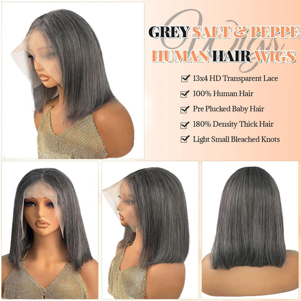 Ombre Grey Bob Wig 13x4 HD Lace Front Human Hair 180% Density Salt & Pepper