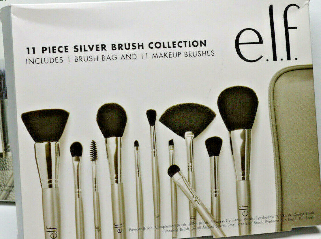 Elf 11 Piece Silver Makeup Brush Set with Brush Bag – Synthetic Hair