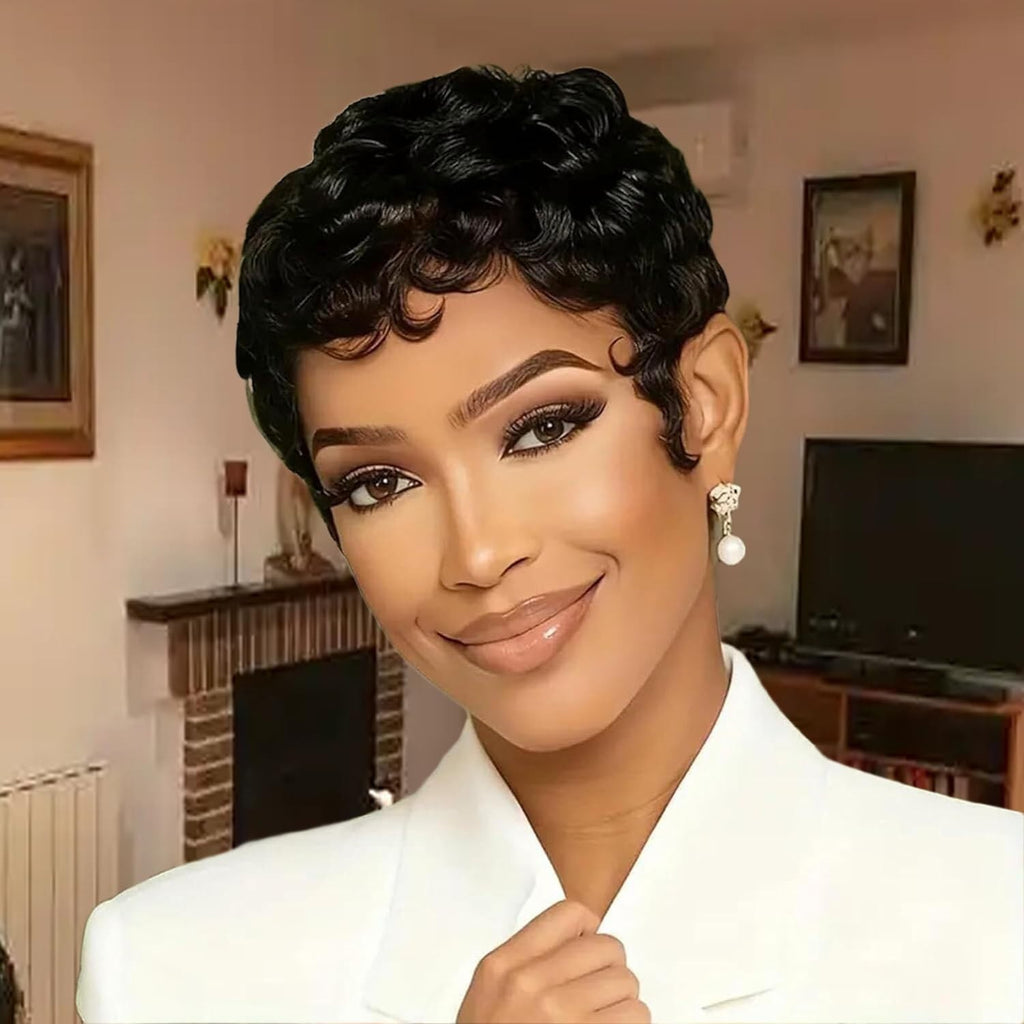 Short Curly Pixie Wig for Black Women - Brazilian Human Hair, Glueless, Natural Look