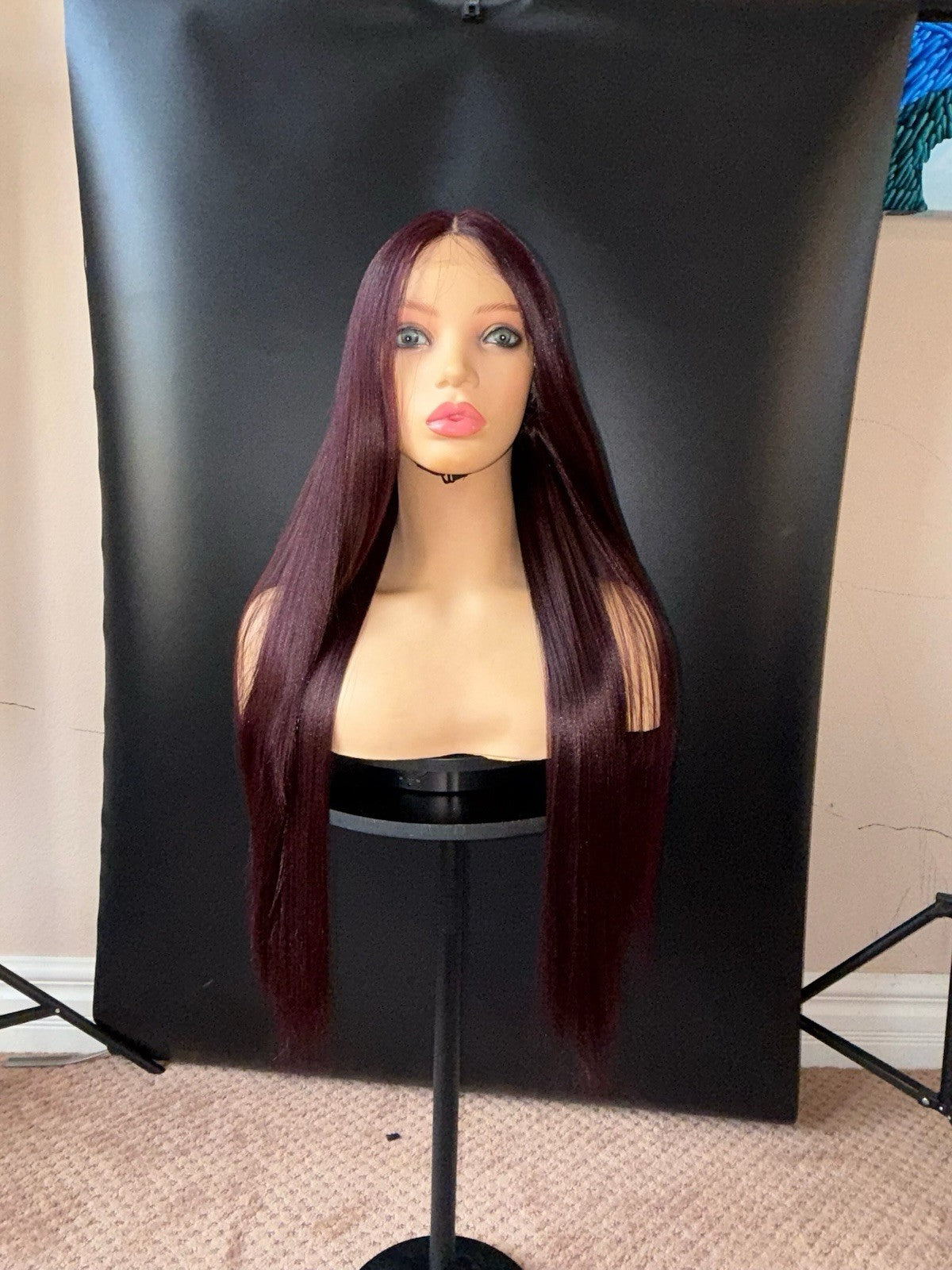 Burgundy Lace Front Wigs 28 Inch Straight Middle Part Synthetic Hair