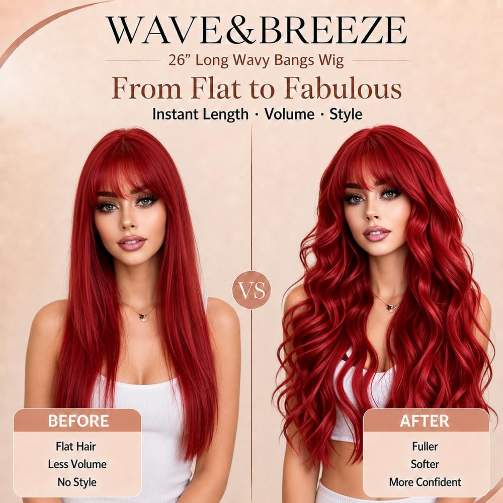 Long Red Wavy Curly Wig with Bangs - 26 Inch Synthetic Hair for Women