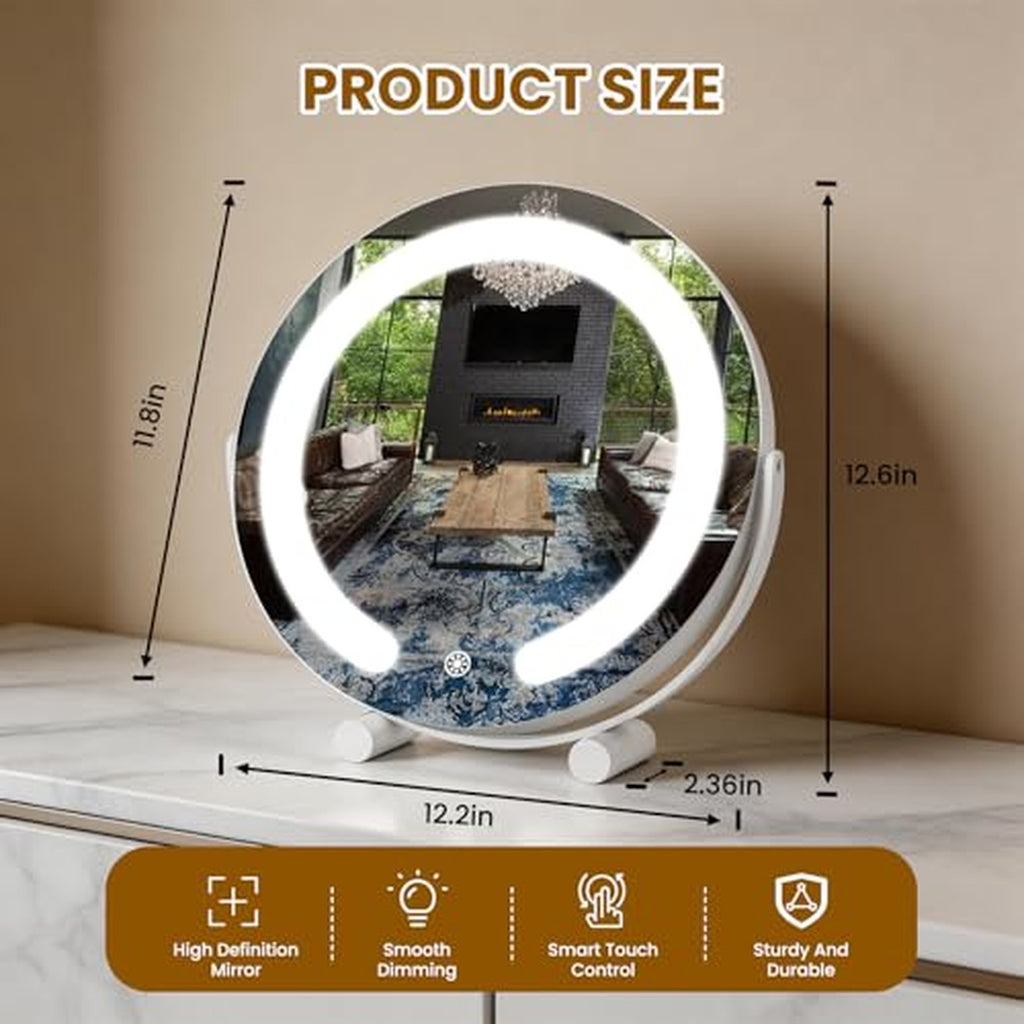 Vanity Mirror with Lights 12” LED Makeup Mirror with 3-Color Dimmable Lighting