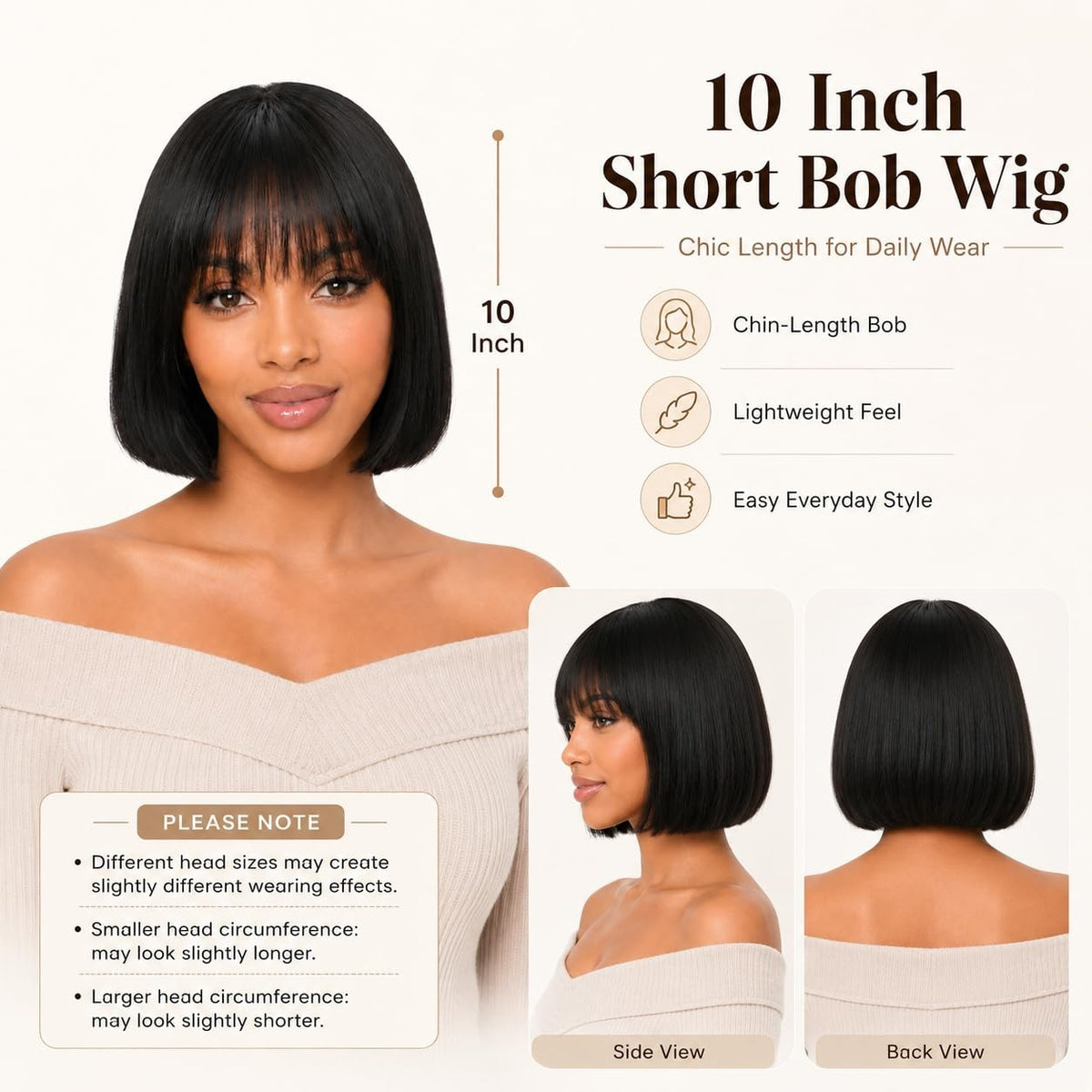 10-Inch Brazilian Human Hair Bob Wig with Bangs - Glueless Straight Style