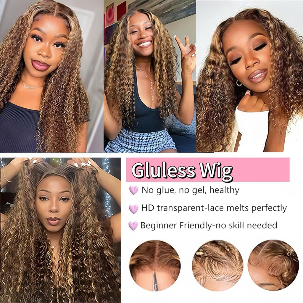 Deep Wave Human Hair Wigs 200% Density Honey Blonde 5x5 Lace Closure - Unbranded