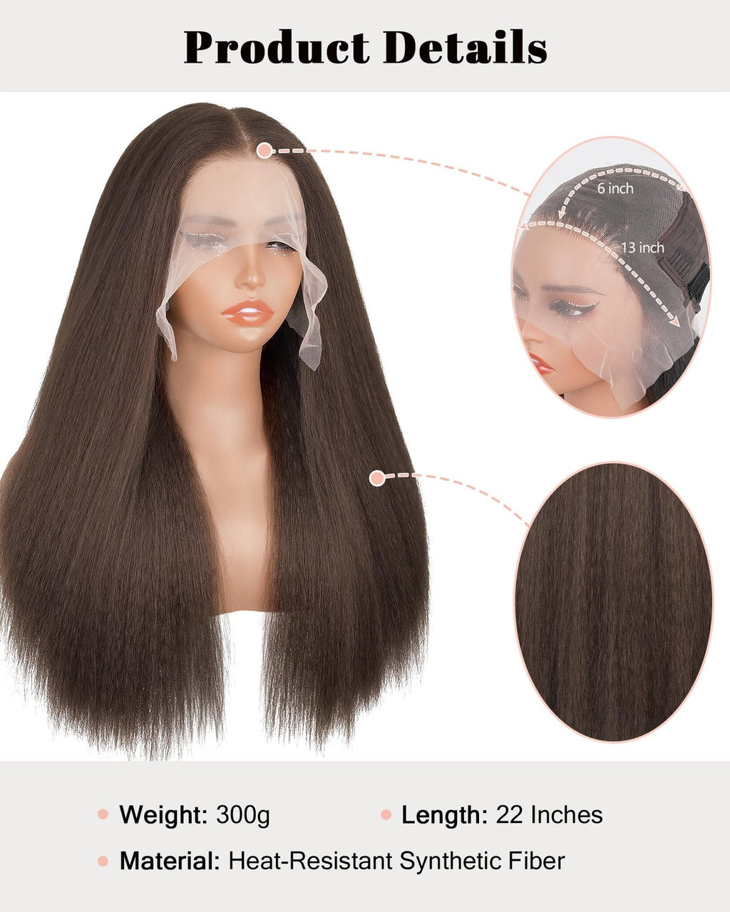 Kinky Straight Lace Front Wig 180% Density 13x6 Chocolate Brown 22 Inch