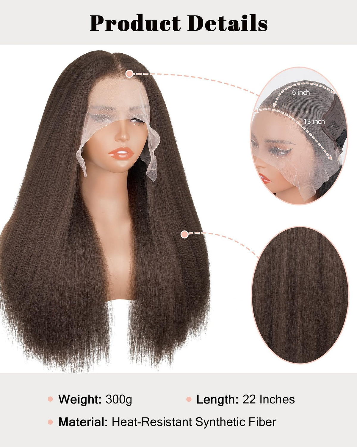 Kinky Straight Lace Front Wig 180% Density 13x6 Chocolate Brown 22 Inch