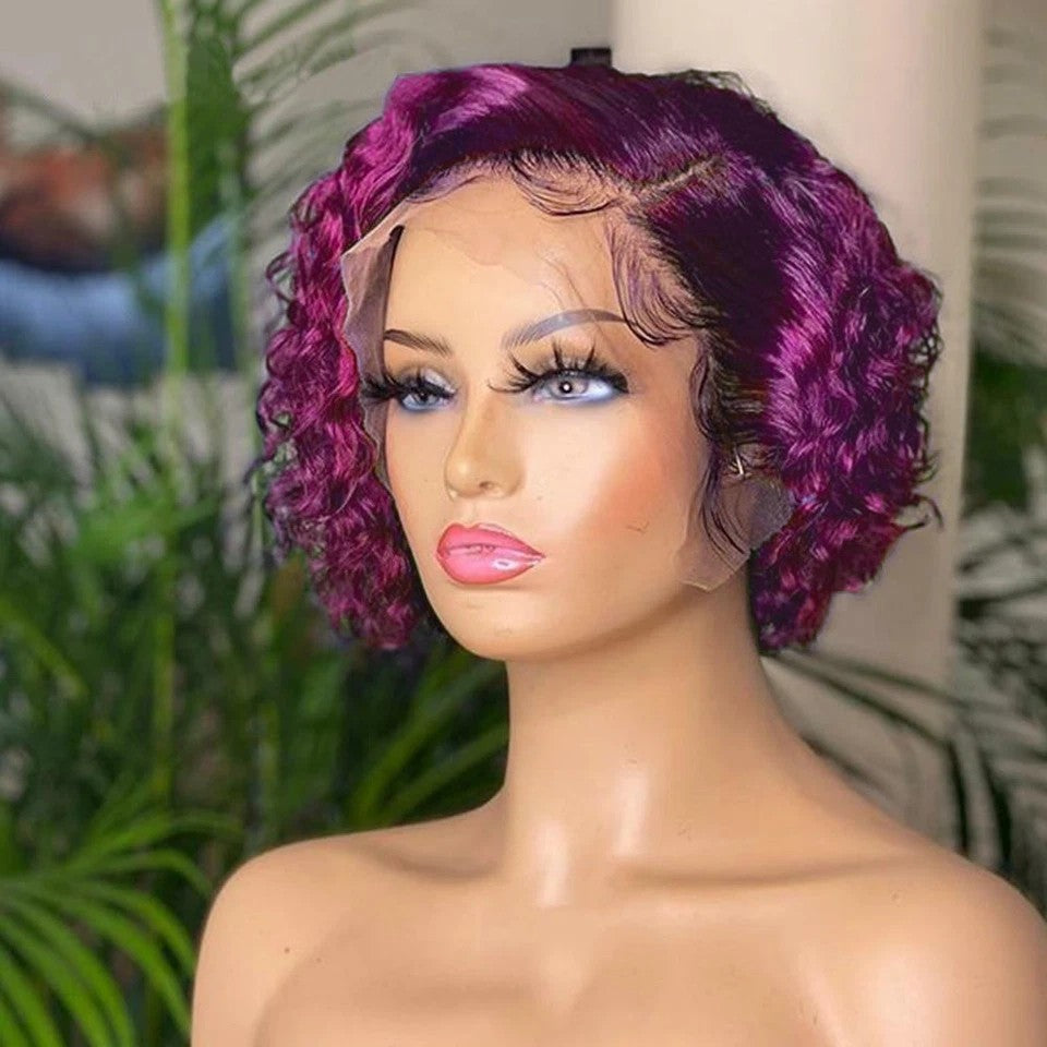 Purple Water Wave Human Hair Lace Front Wig 8 Inch T Part Curly Pixie Cut