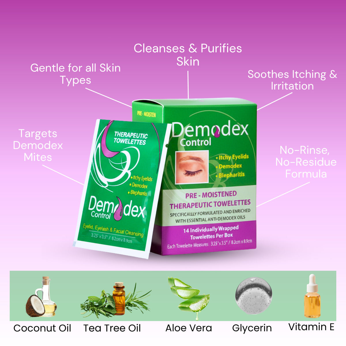 Eyelid & Face Cleansing Wipes for Demodex, Blepharitis, Itchy Eyes - 14 Pack