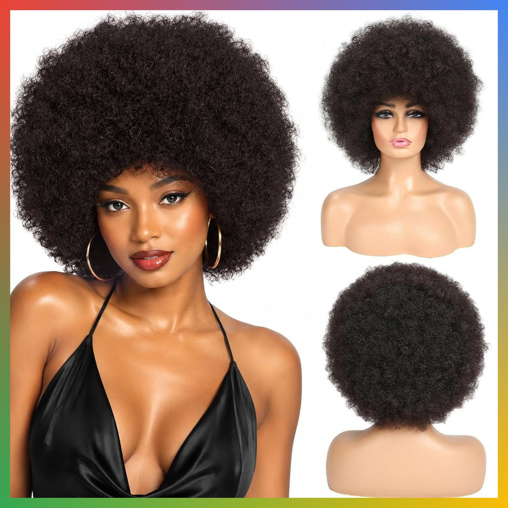 Short Kinky Curly Afro Wig with Bangs - Glueless, Natural Look for Black Women Men