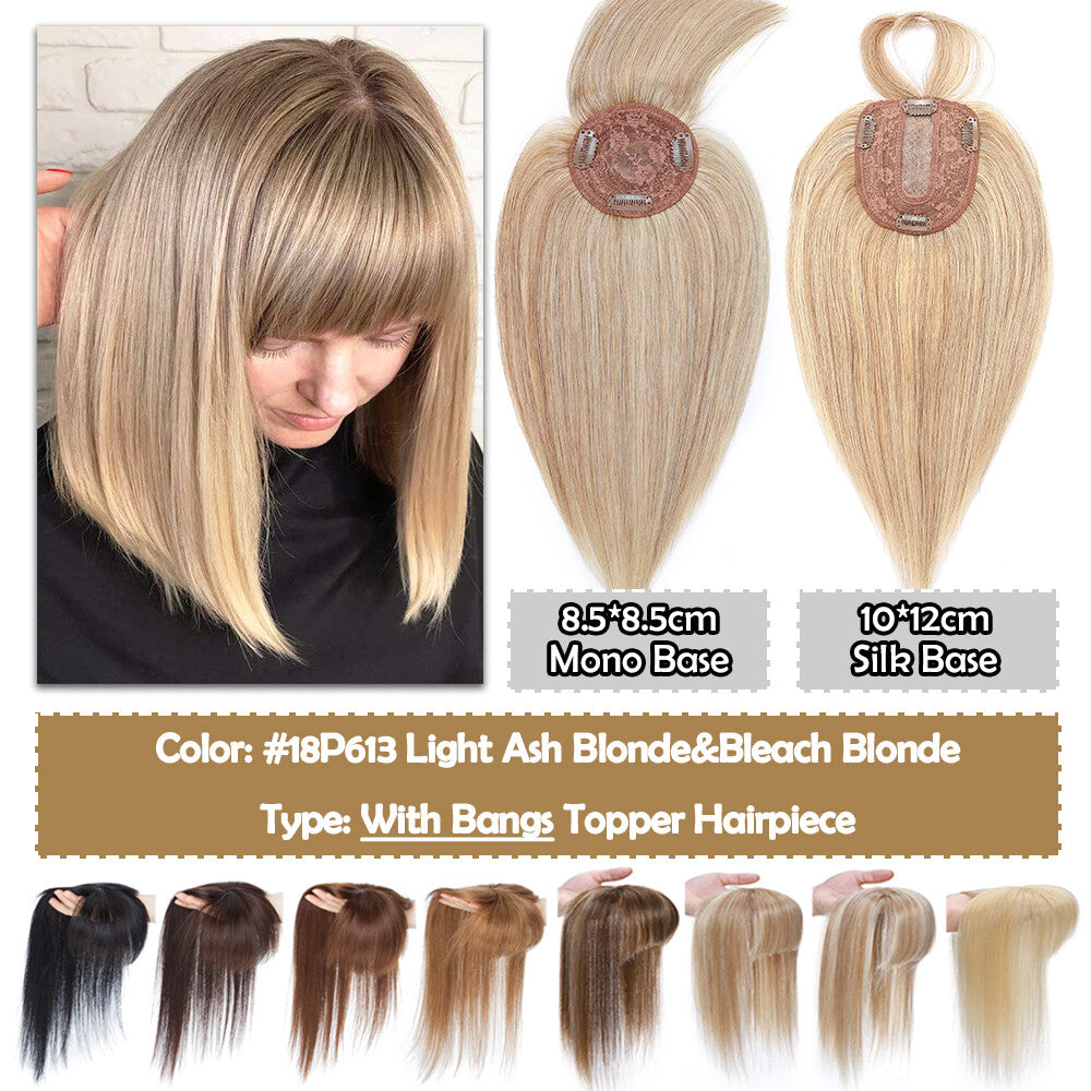 Human Hair Topper Hairpiece with Clip-In Mono Silk Base for Thinning Hair