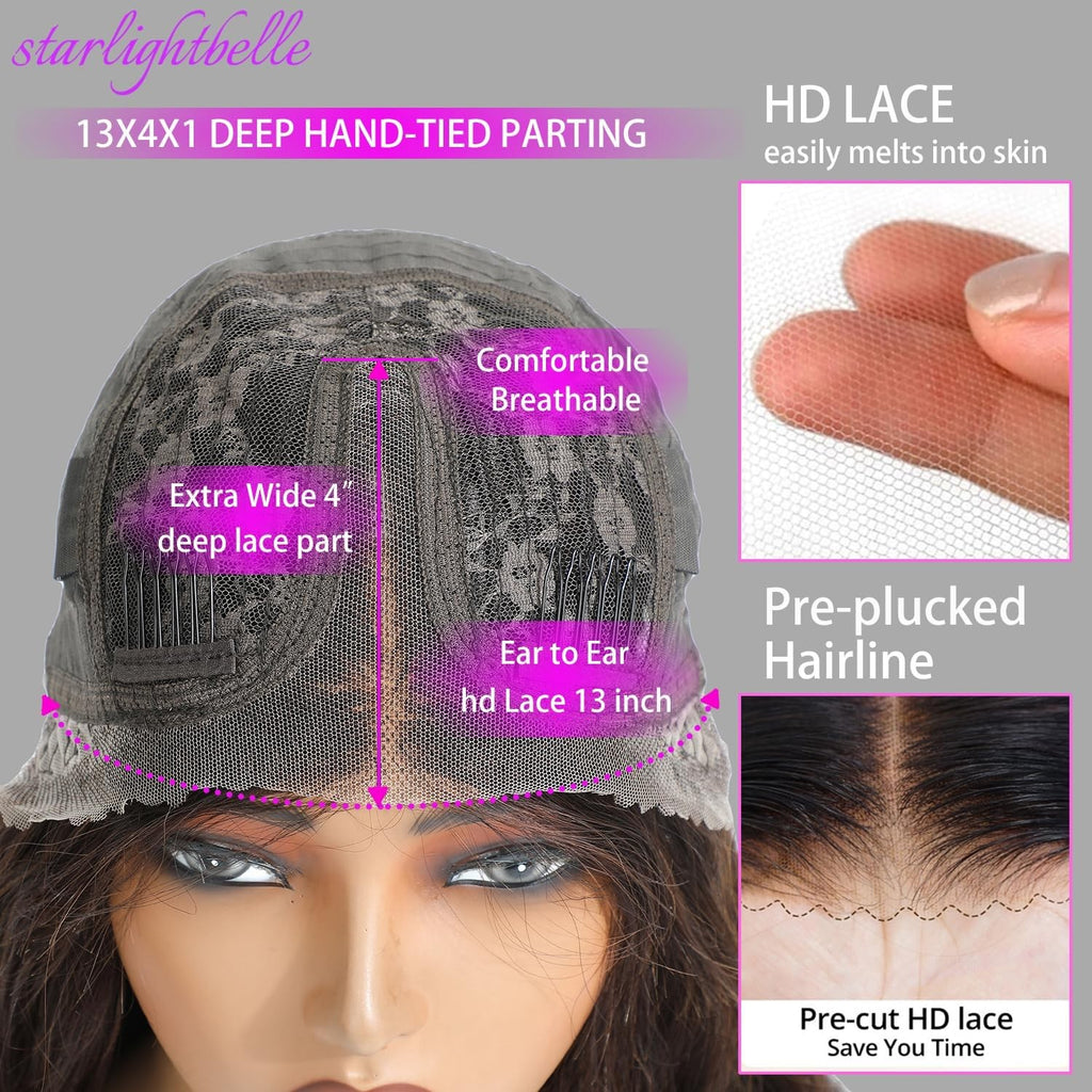 30 Inch Body Wave Lace Front Wig with 13x4 T-Part, Natural Black, 220% Density