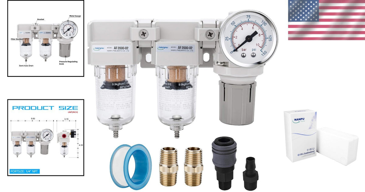 1/4" NPT Piggyback Air Filter Regulator with Drain System - Heavy Duty