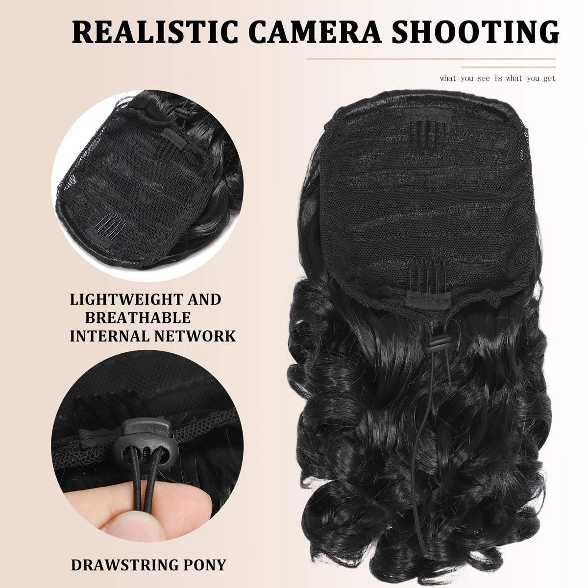 14-Inch Curly Synthetic Ponytail Extension with Drawstring and Clips - Black