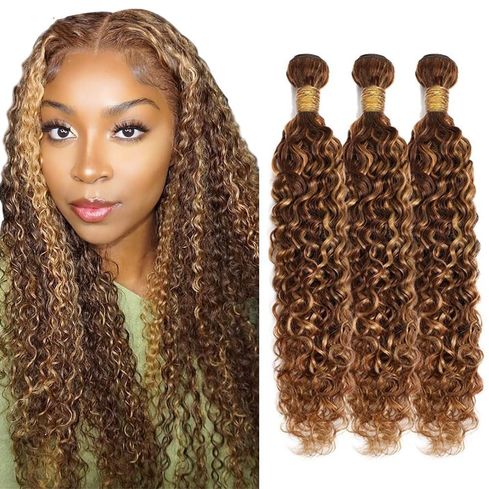 Human Hair Extensions 14-18 Inch Brown & Blonde Water Wave Bundles 3 Pack