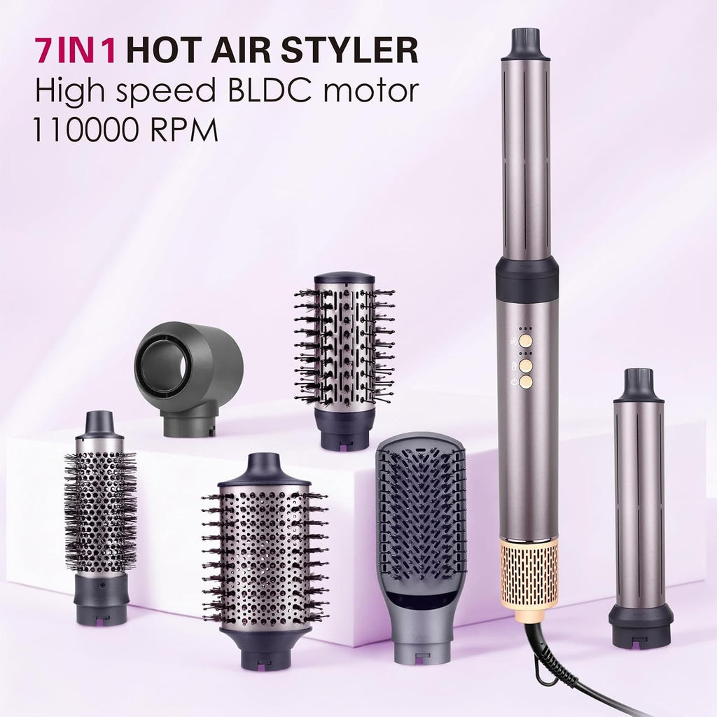 7-in-1 Hot Air Styler Hair Dryer Curling Brush Volumizer 110K RPM