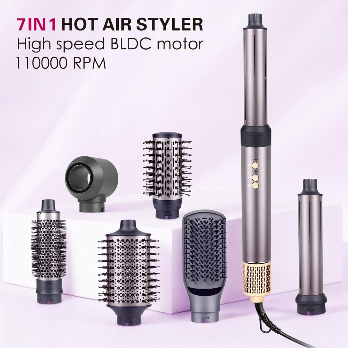 7-in-1 Hot Air Styler Hair Dryer Curling Brush Volumizer 110K RPM