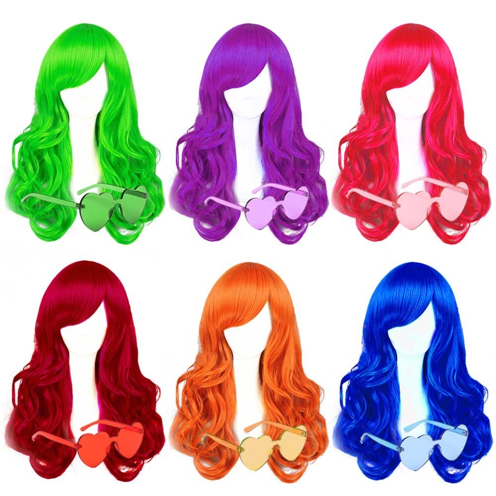 6 Pack Neon Wigs & Glasses Set for Parties Cosplay Halloween Costume Accessories