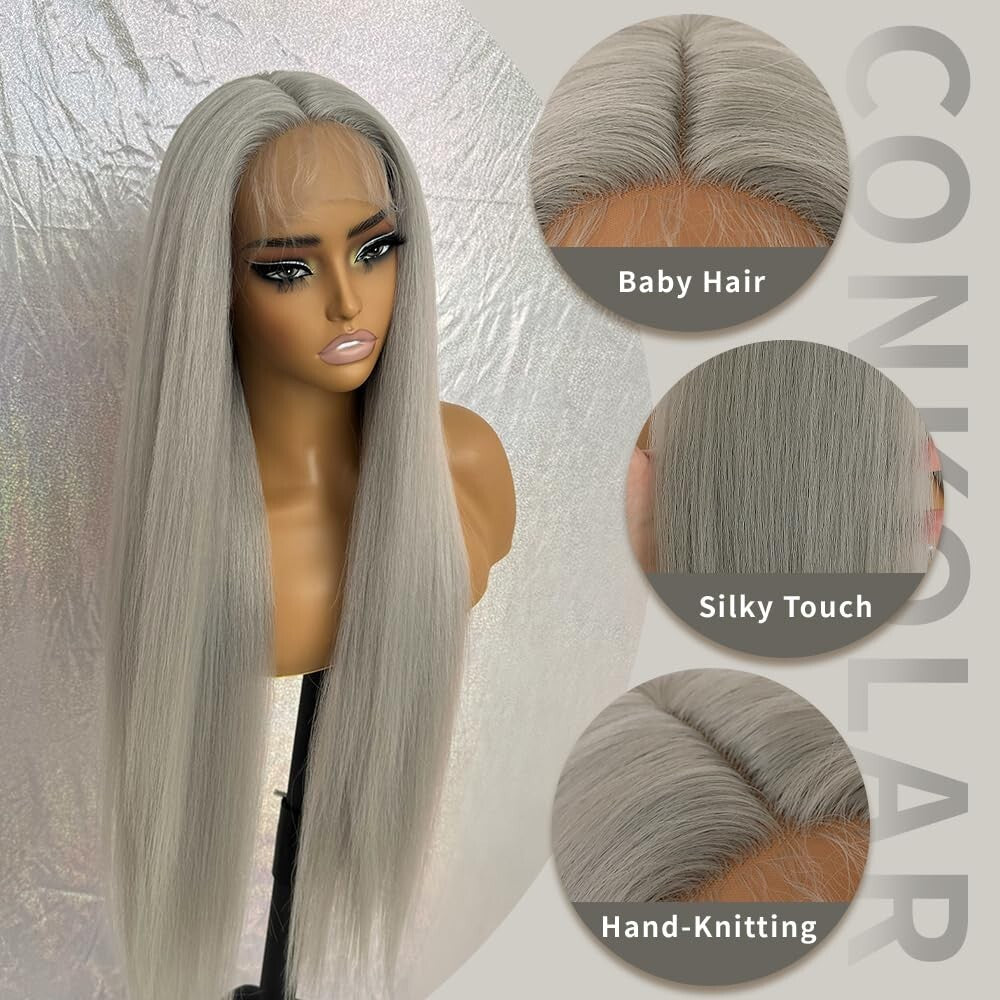 Long Straight Synthetic Lace Front Wig for Women - Gray, Pre-Plucked, 180% Density