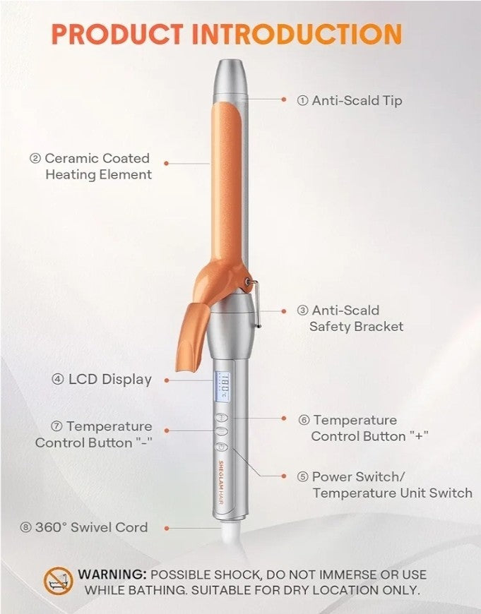 3/8 Inch Curling Iron with LED Display & 8 Temperature Settings - Long Barrel