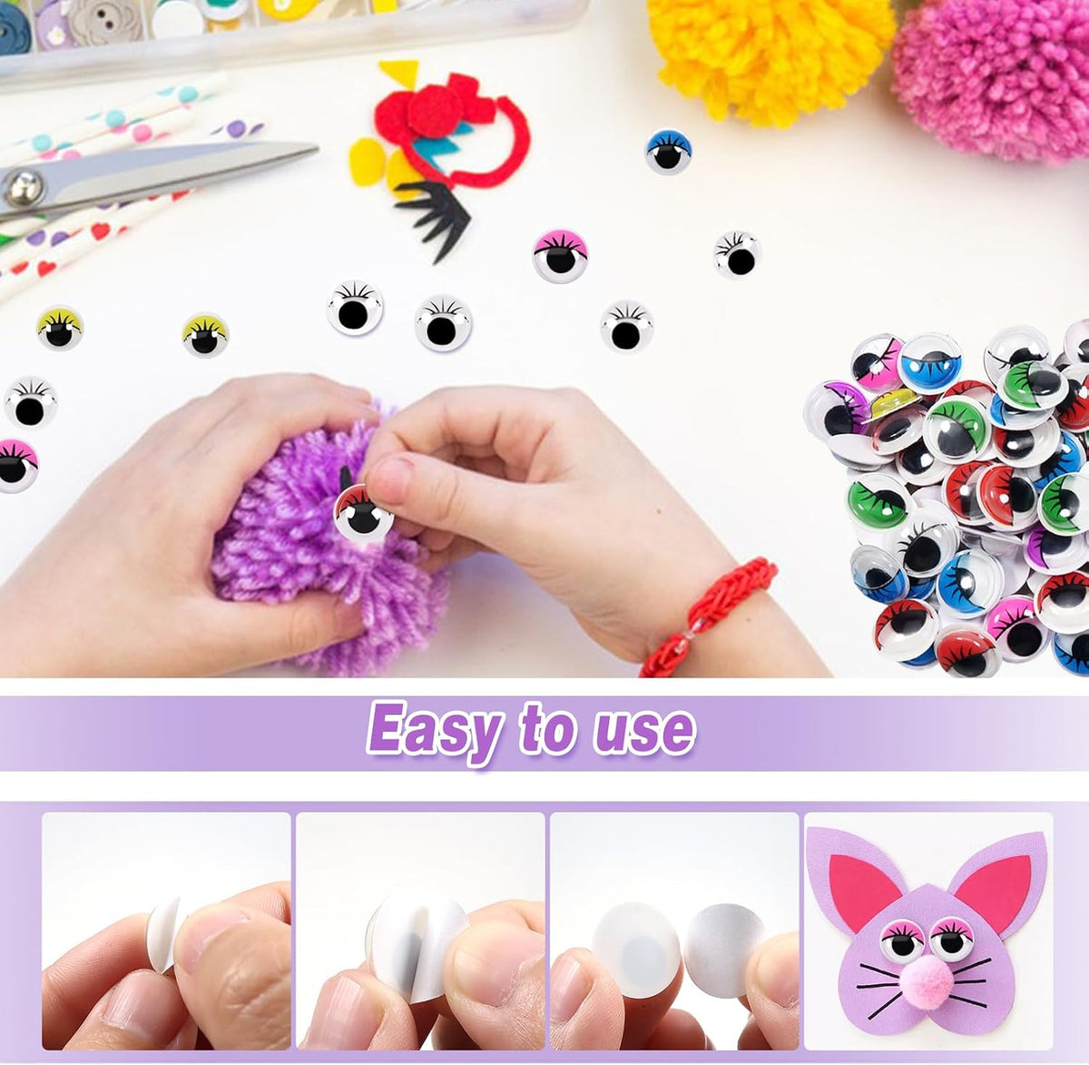 12mm Self-Adhesive Wiggle Eyes with Eyelashes - 210 Pcs Craft Embellishments