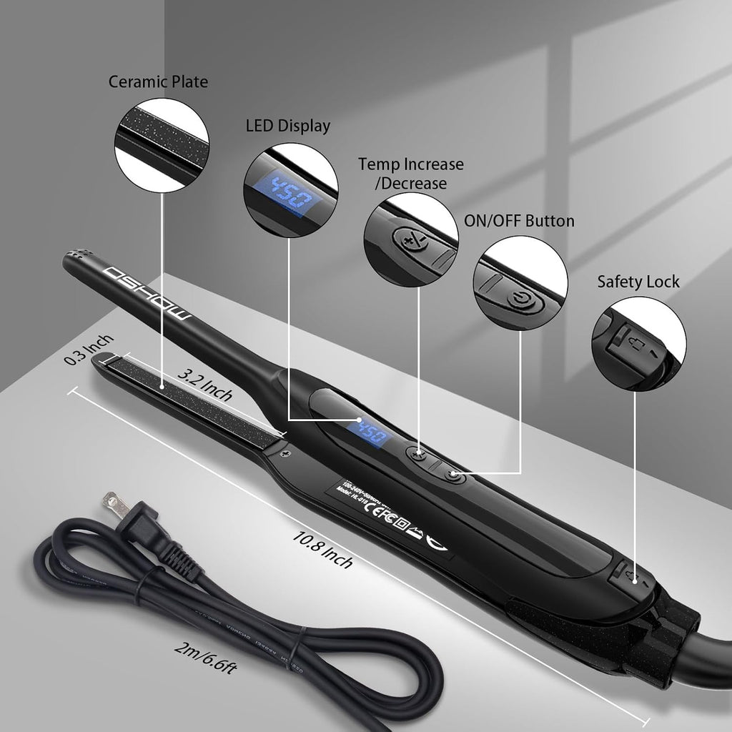 Mini Flat Iron for Short Hair & Bangs - 3/10 Inch Narrow Plates, Dual Voltage, Fast Heating