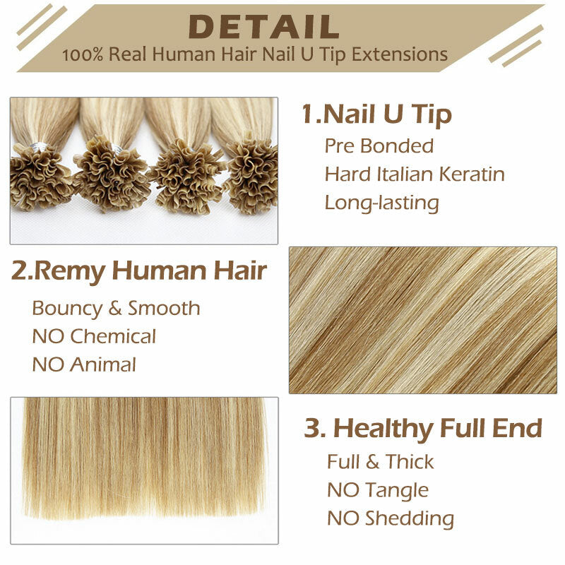 Remy Human Hair Extensions U Tip Keratin Bonds Thick Flat 16-22 Inches
