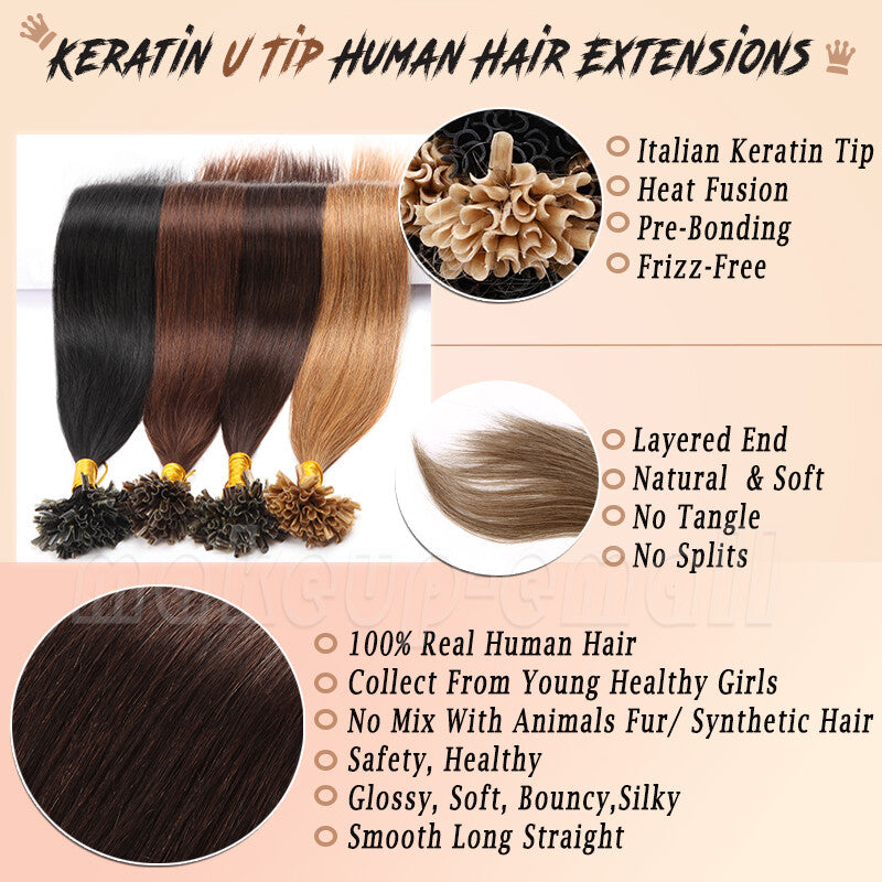 Keratin U Tip Hair Extensions - Real Human Hair, Multiple Colors & Lengths