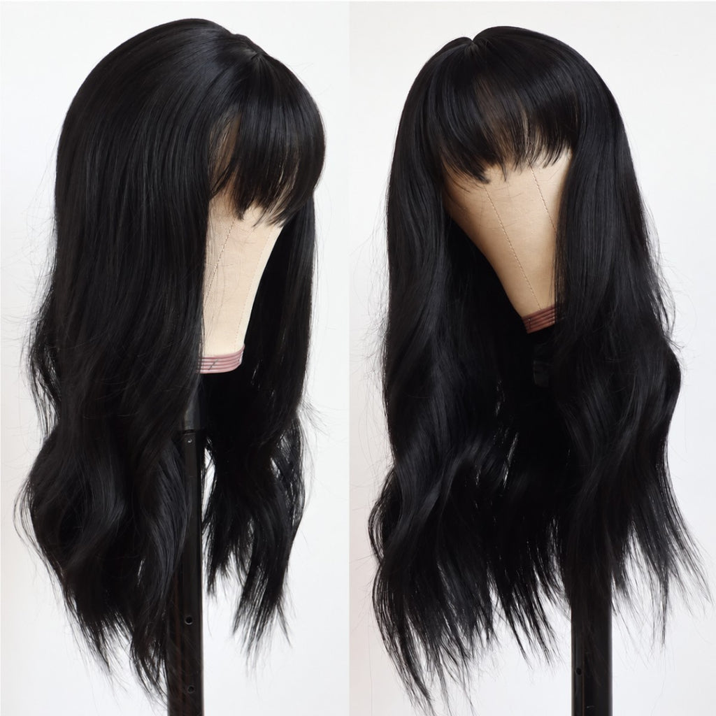 Long Wavy Black Synthetic Wig with Bangs - Wear and Go Cosplay Hair