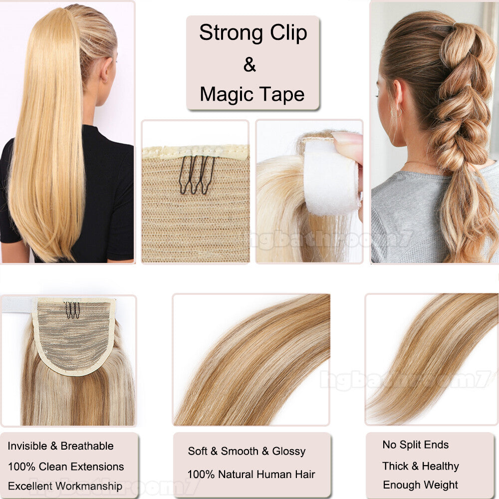 100% Human Hair Ponytail Extensions Clip-In Wrap Around Hairpiece