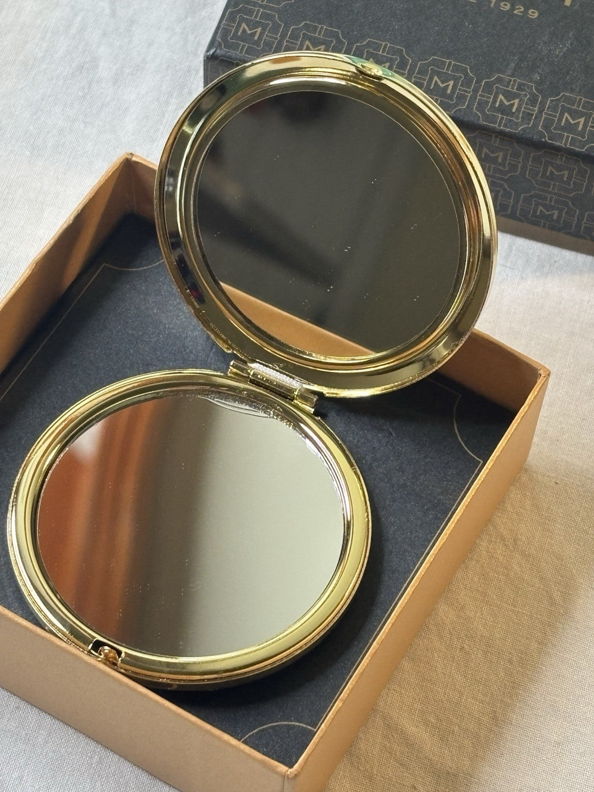Monet Compact Mirror with Gold Tone Rhinestone Pearls Filigree