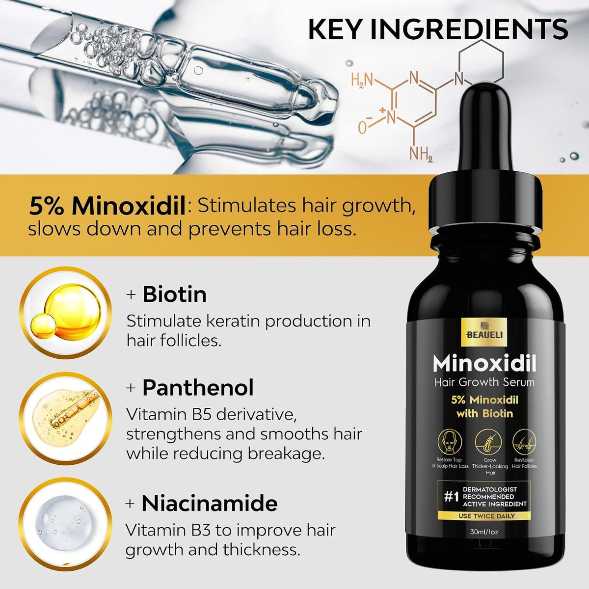 Minoxidil Hair & Beard Growth Serum - Unscented, 3 Bottles 3oz