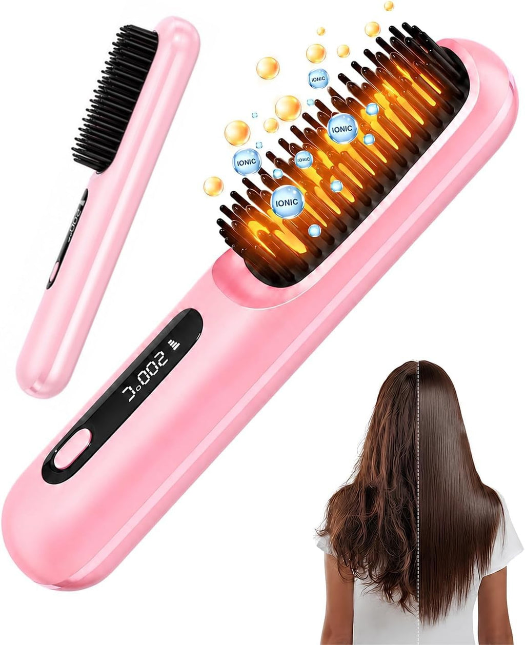 Cordless Ionic Hair Straightener Brush with 3D High-Density Teeth & Digital Temp Control