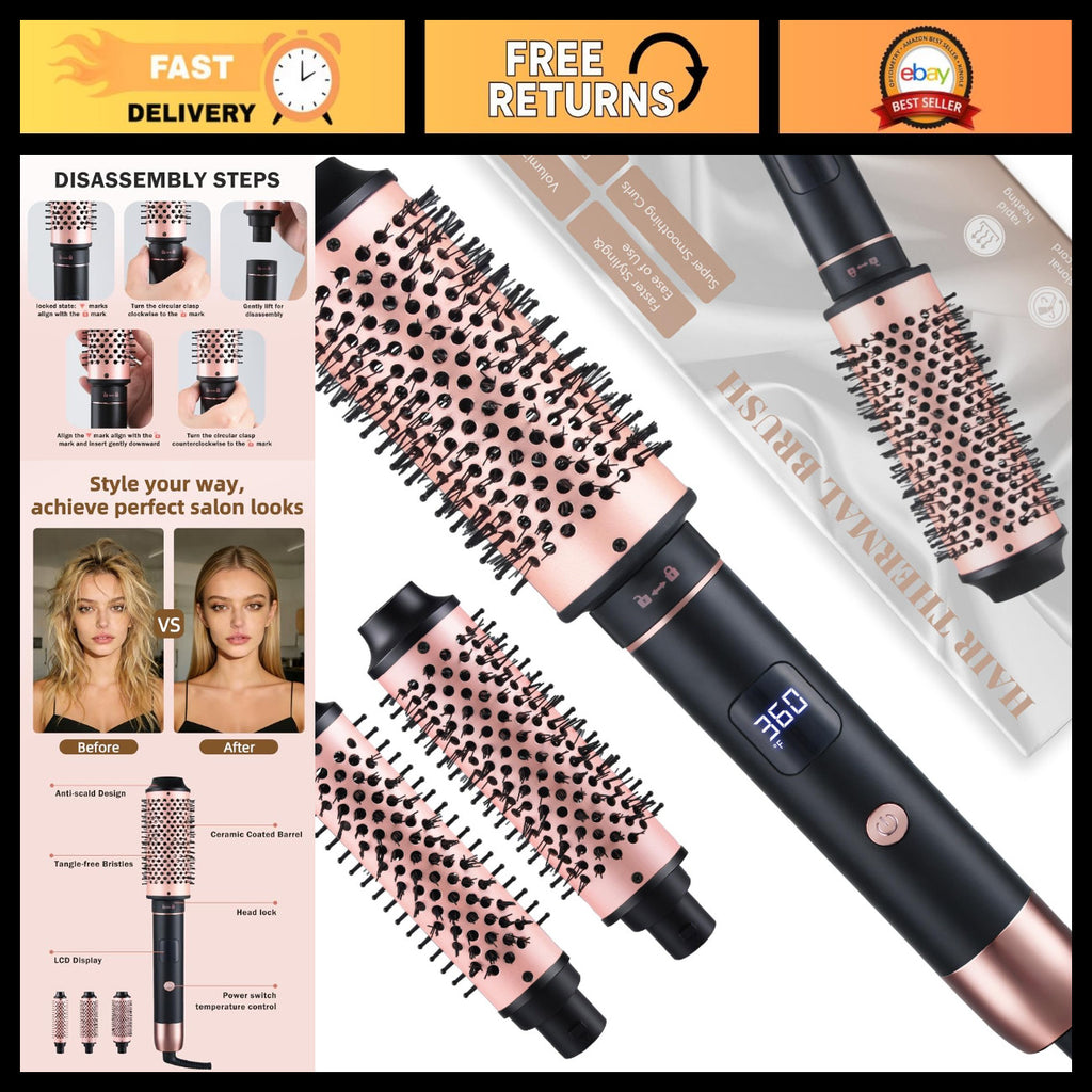 3-in-1 Interchangeable Heated Hair Curling Brush Set - 1.25, 1.5, 1.75 Inch