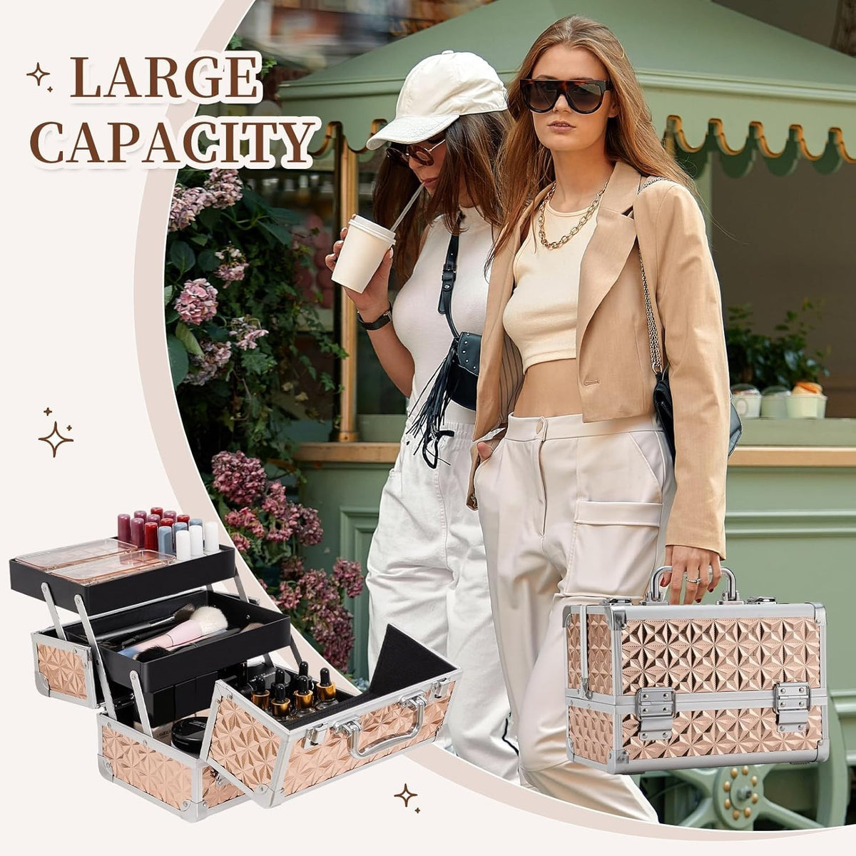 Portable Makeup Train Case with 2-Tier Organizer - Travel Cosmetic Storage