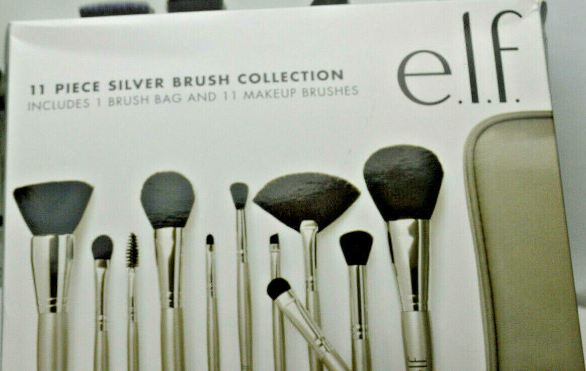 Elf 11 Piece Silver Makeup Brush Set with Brush Bag – Synthetic Hair