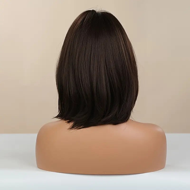 Women Short Straight Costume Wigs with Bangs - Dark Brown Synthetic Hair