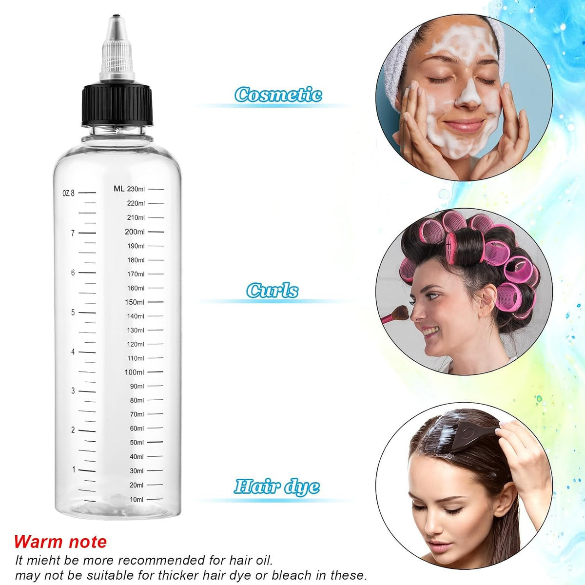 8.5oz Transparent Hair Dye Applicator Bottle with Graduated Scale – Leak-Proof, Professional-Grade Squeeze Bottle