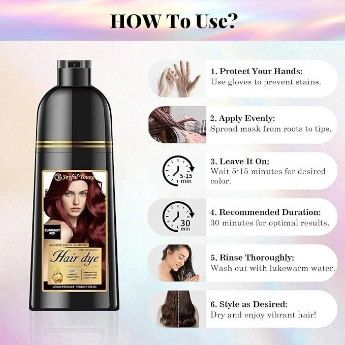 3-in-1 Burgundy Red Hair Dye Shampoo Gray Coverage Ammonia-Free