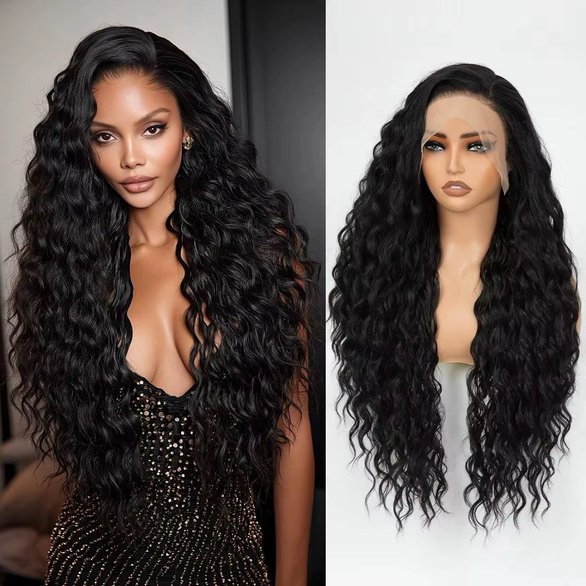 Long Black 30 Inch Curly Wave Lace Front Wig for Women