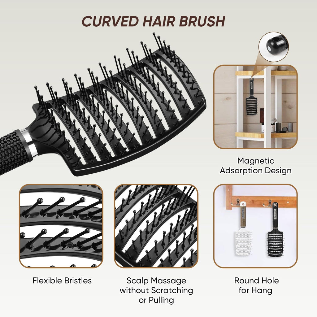 Pack of 2 Ventilated Curved Detangling Hairbrushes for Wet & Dry Hair