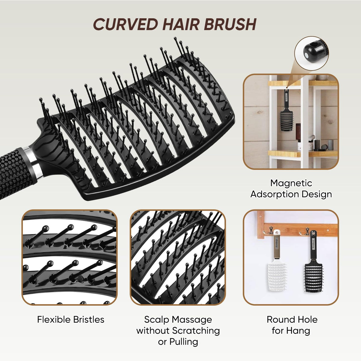 Pack of 2 Ventilated Curved Detangling Hairbrushes for Wet & Dry Hair