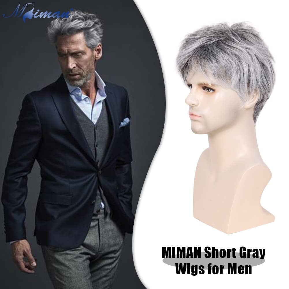 Men's Short Gray Synthetic Wig for Natural Look & Cosplay