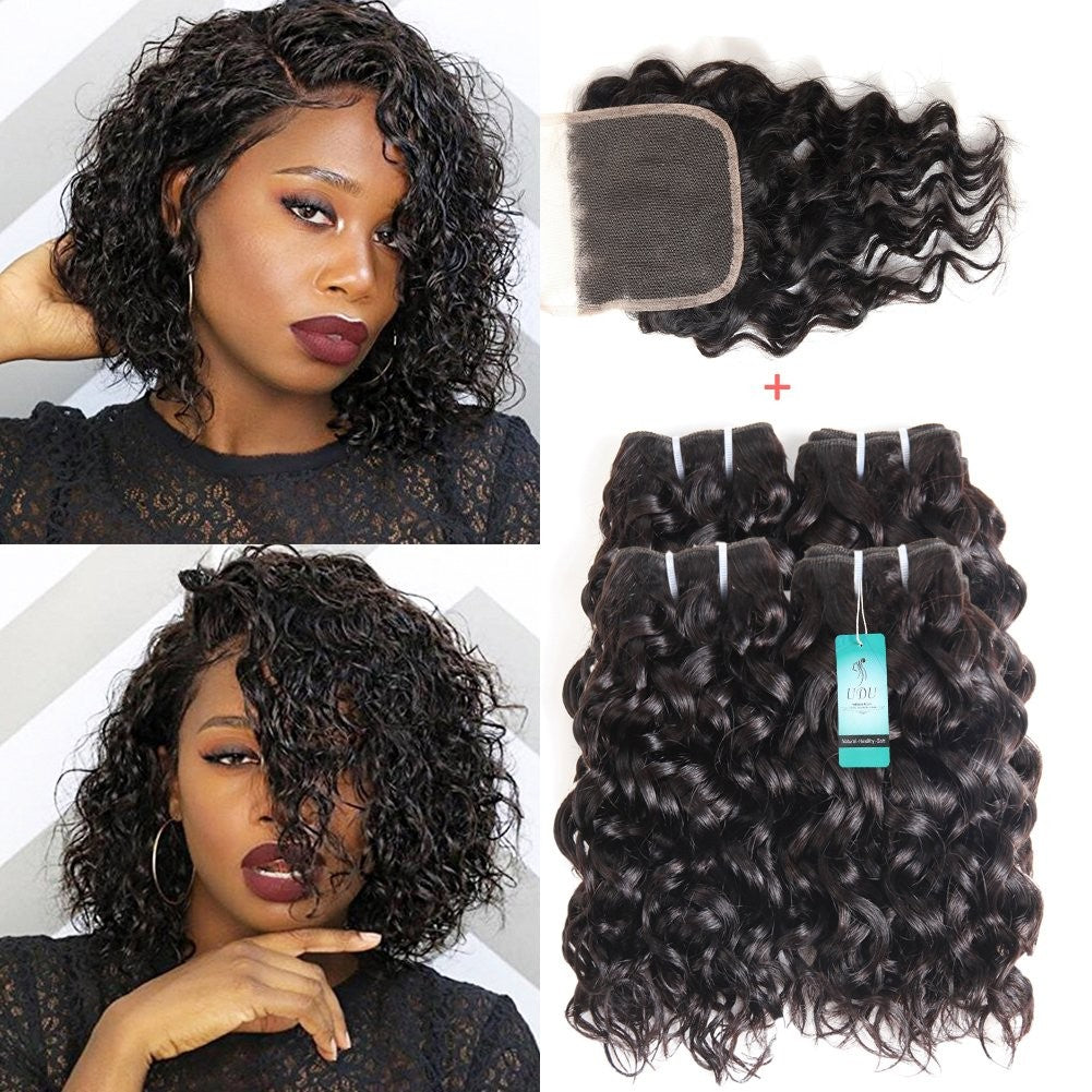 Virgin Remy Water Wave Human Hair Bundles with Closure - 50g Weave
