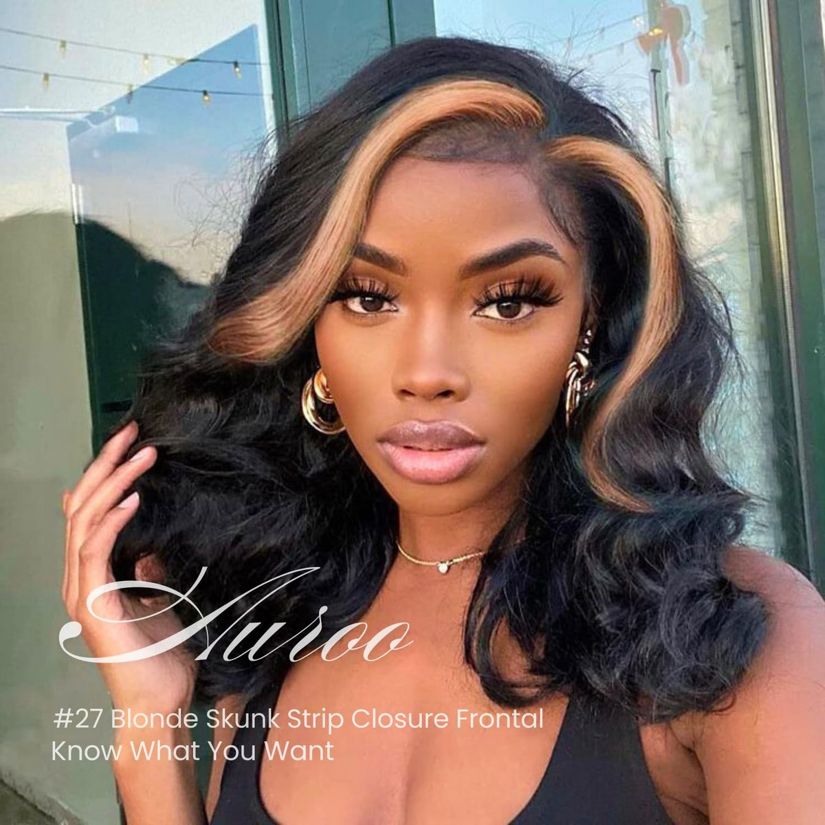 AUROO #27 Skunk Stripe Lace Closure 14 Inch Human Hair Wig 150% Density