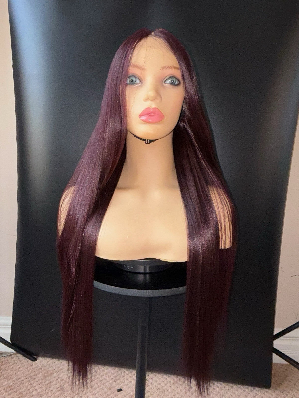 Burgundy Lace Front Wigs 28 Inch Straight Middle Part Synthetic Hair
