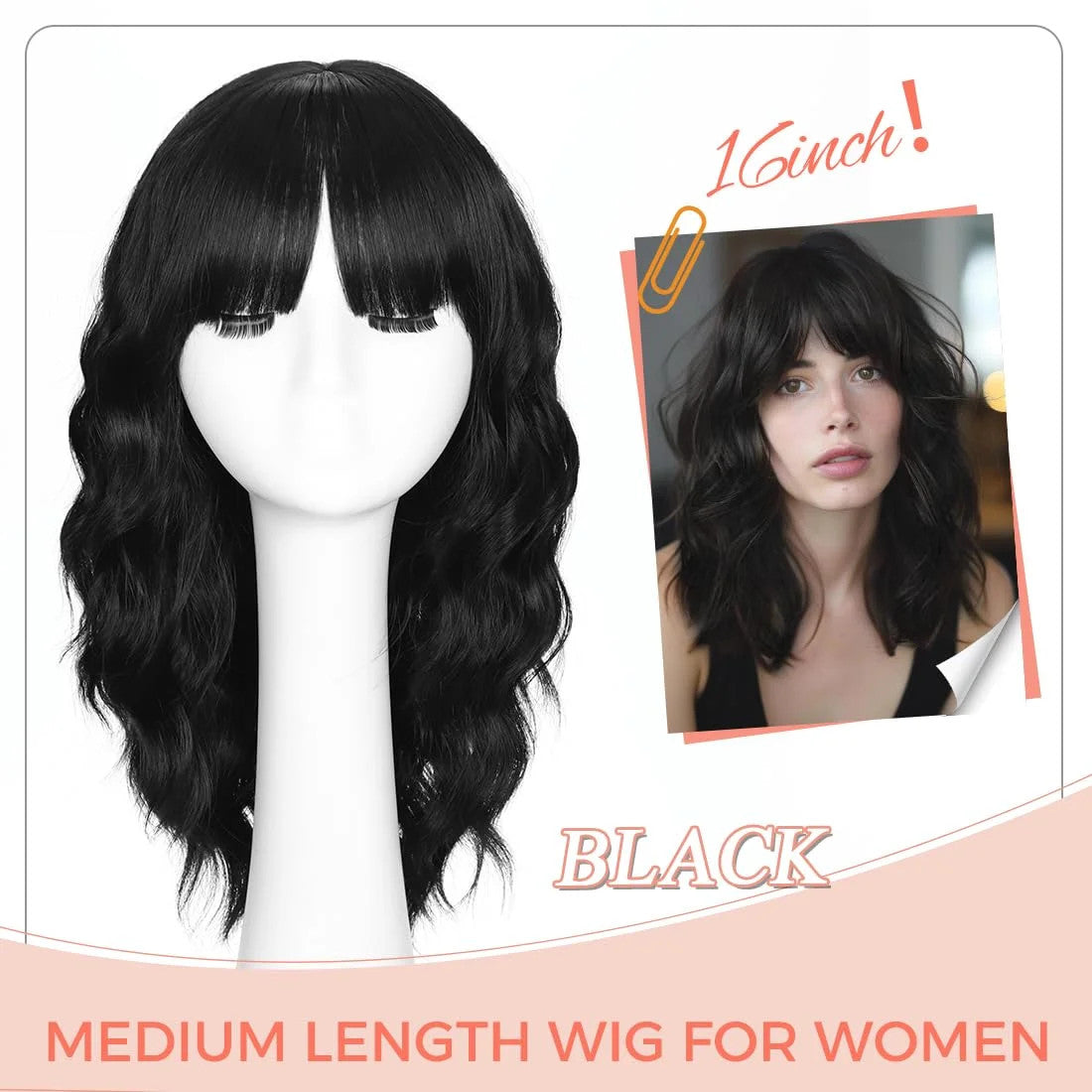 16 Inch Black Wigs for Women with Bangs - Shoulder Length Synthetic Hair