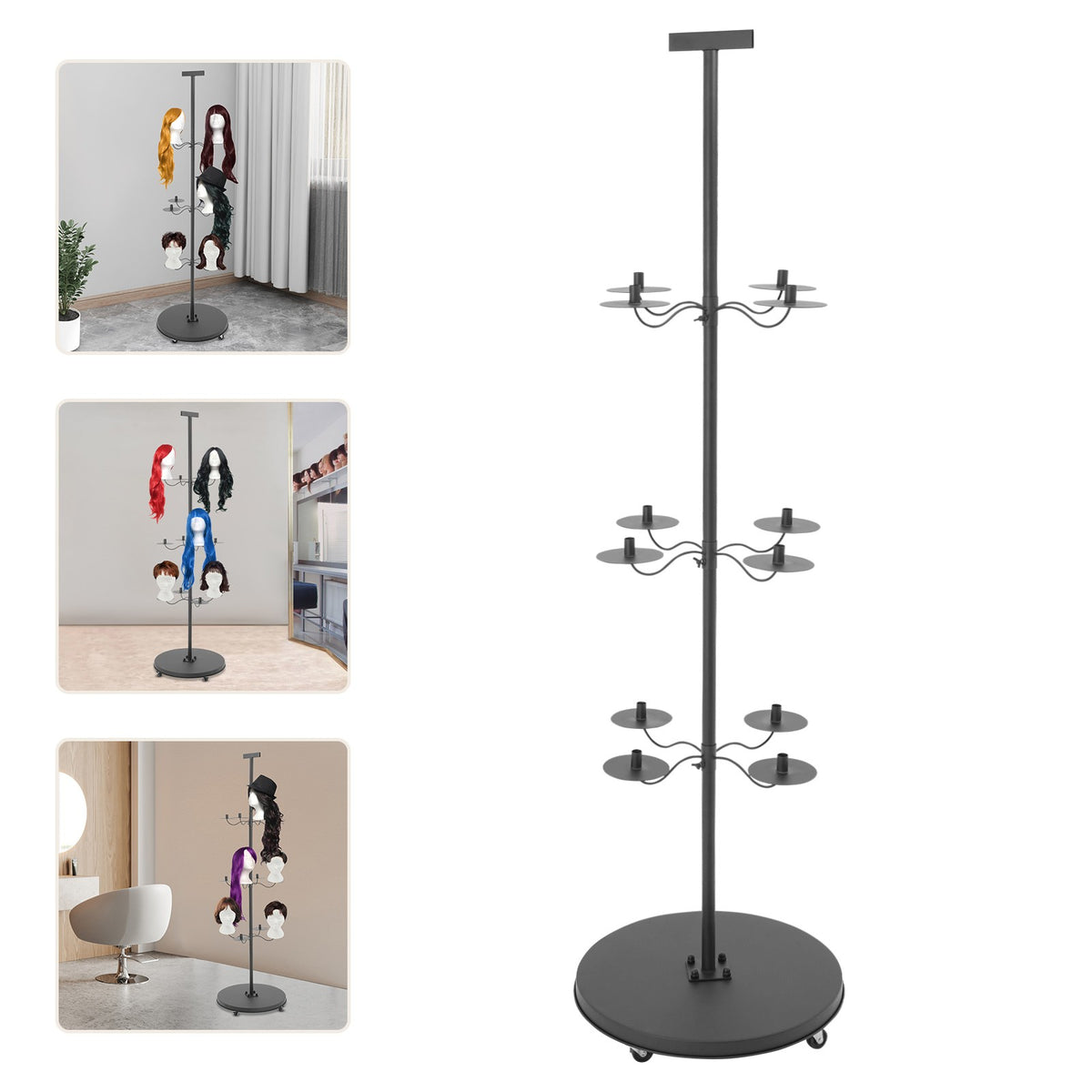 12-Head Wig Display Stand with Wheels - Black Iron Storage Rack for Wigs