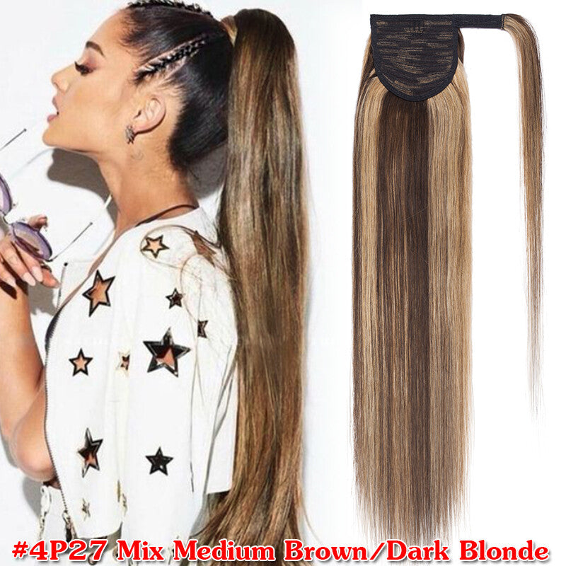 Clip-In Human Hair Ponytail Extensions Wrap Around Thick Hairpiece